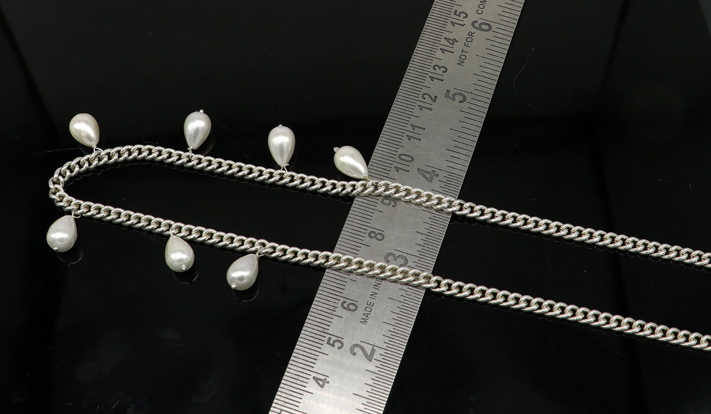 Sterling silver handmade charm curb Cuban link chain necklace with hanging pearl, stylish bridesmaid gift jewelry by TRIBAL ORNAMENTS
