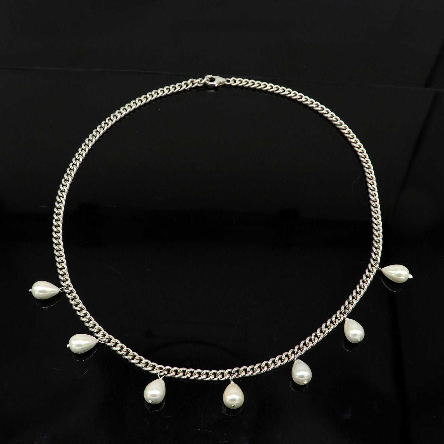 925 sterling silver handmade charm curb cuban link chain necklace, excellent hanging pearl necklace, stylish bridesmaid gift jewelry set146 - TRIBAL ORNAMENTS