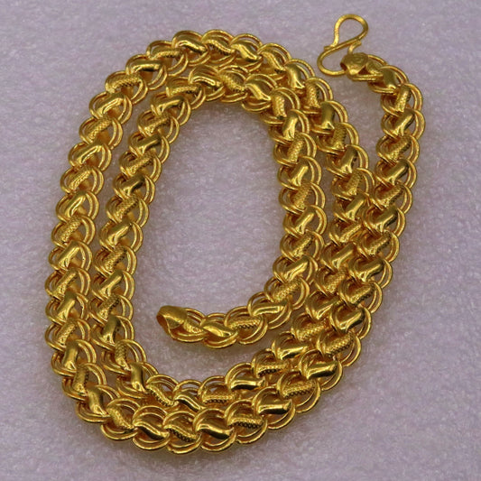 22K yellow gold handmade lotus design hollow chain necklace, unisex traditional jewelry from Rajasthan India by TRIBAL ORNAMENTS.