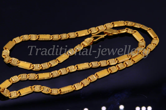 22K yellow gold handmade Nawabi chain necklace with diamond-cut 5.5mm links, unisex, long Indian jewelry gift by TRIBAL ORNAMENTS