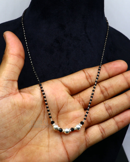 925 sterling silver black beads chain necklace with small silver bead pendant, traditional beaded jewelry by TRIBAL ORNAMENTS.
