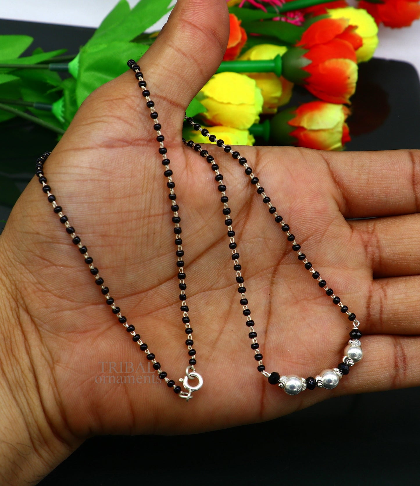 925 sterling silver black beads chain necklace with small silver bead pendant, traditional beaded jewelry by TRIBAL ORNAMENTS