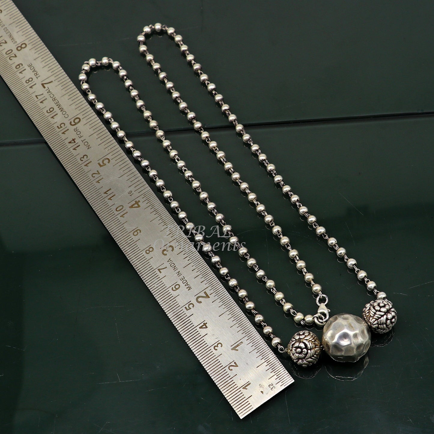 Sterling silver handmade 4mm bead long necklace with a unique ball design pendant, traditional cultural jewelry by Tribal Ornaments.