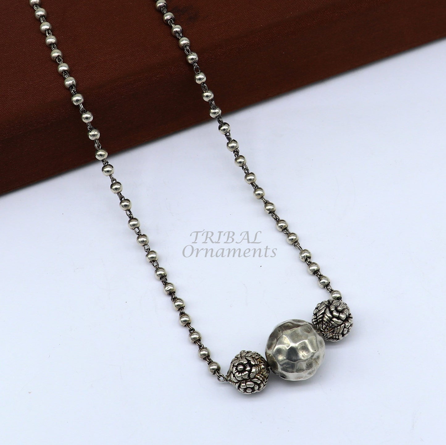 925 sterling silver handmade 4mm beads long necklace, unique ball design pendant traditional cultural functional necklace jewelry set542 - TRIBAL ORNAMENTS