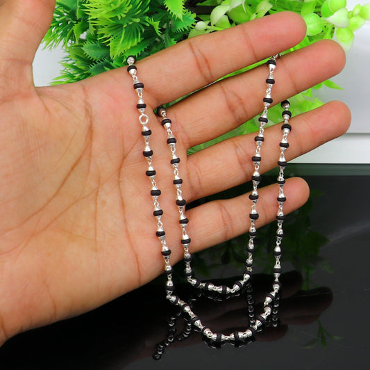 Basil Rosary Tulsi Bead Mala chain size 24 inch 4 mm width pure sterling silver 92.5 with silver side cap and handmade Knot (Guthai) - TRIBAL ORNAMENTS