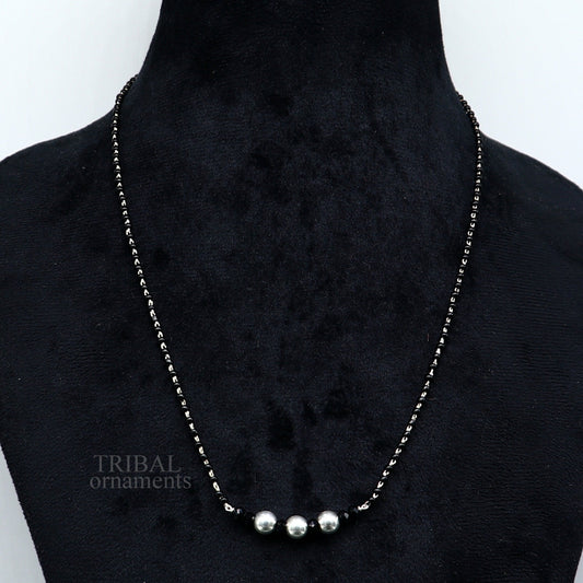 Elegant 925 sterling silver black beads chain necklace, gorgeous small silver bead design pendant, Mangalsutra chain beaded necklace set325 - TRIBAL ORNAMENTS