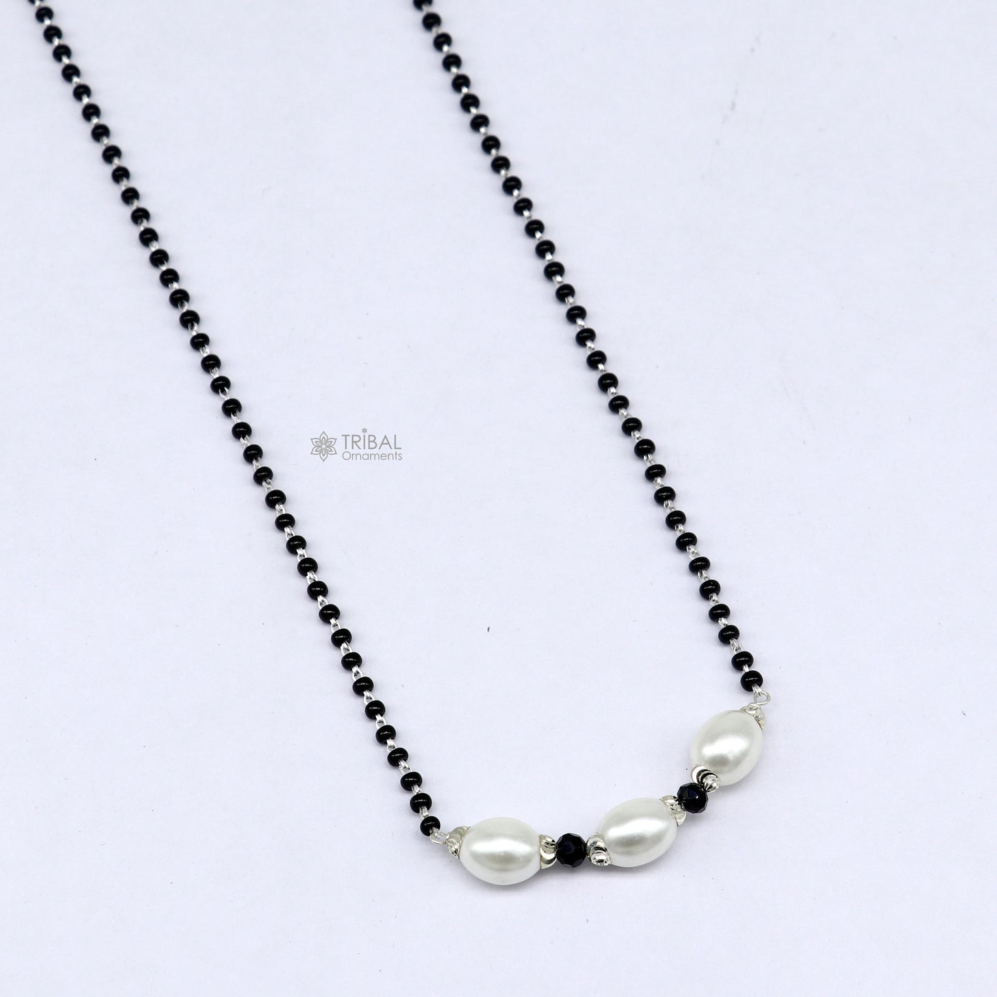 Elegant 925 sterling silver black beads chain necklace, gorgeous small stone design pendant, Mangalsutra chain beaded necklace set639 - TRIBAL ORNAMENTS