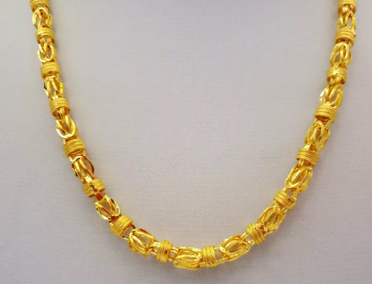 Handmade 22K yellow gold hollow Byzantine chain necklace, 6mm width, traditional Indian jewelry style by TRIBAL ORNAMENTS.
