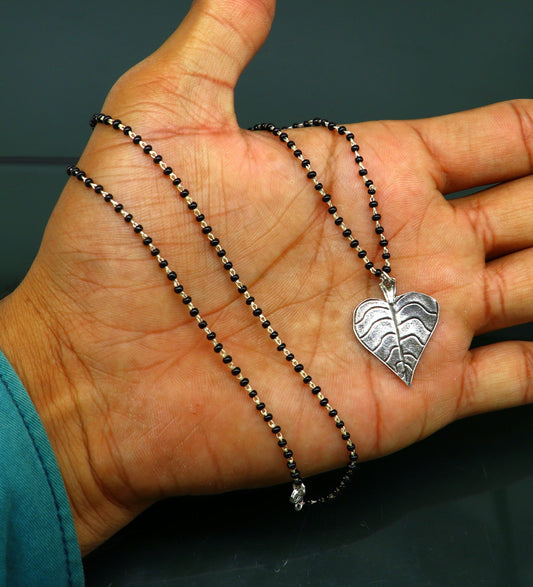 925 sterling silver black beads chain with tree leaf pendant, traditional mangalsutra set by Tribal Ornaments.