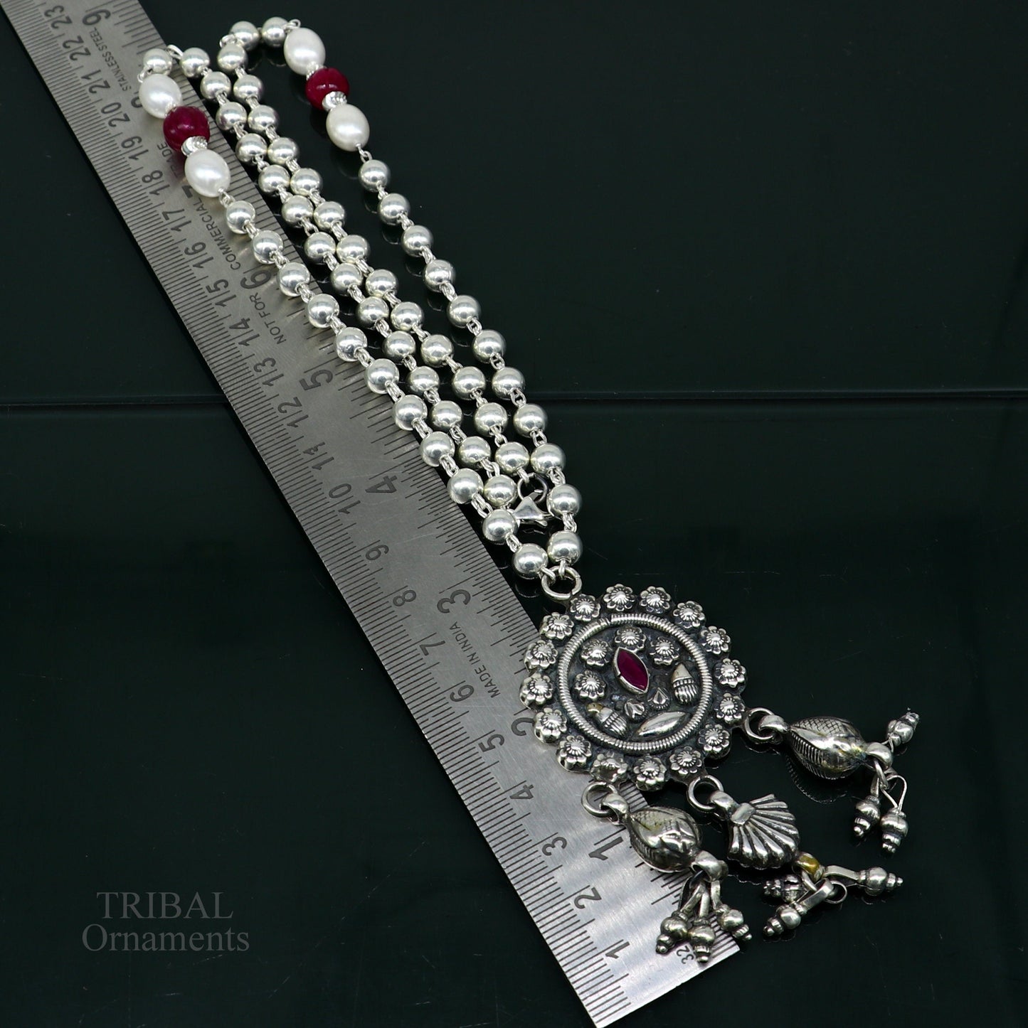 925 sterling silver beads chain with flower pendant, traditional brides mangalsutra necklace, elegant tribal design by TRIBAL ORNAMENTS