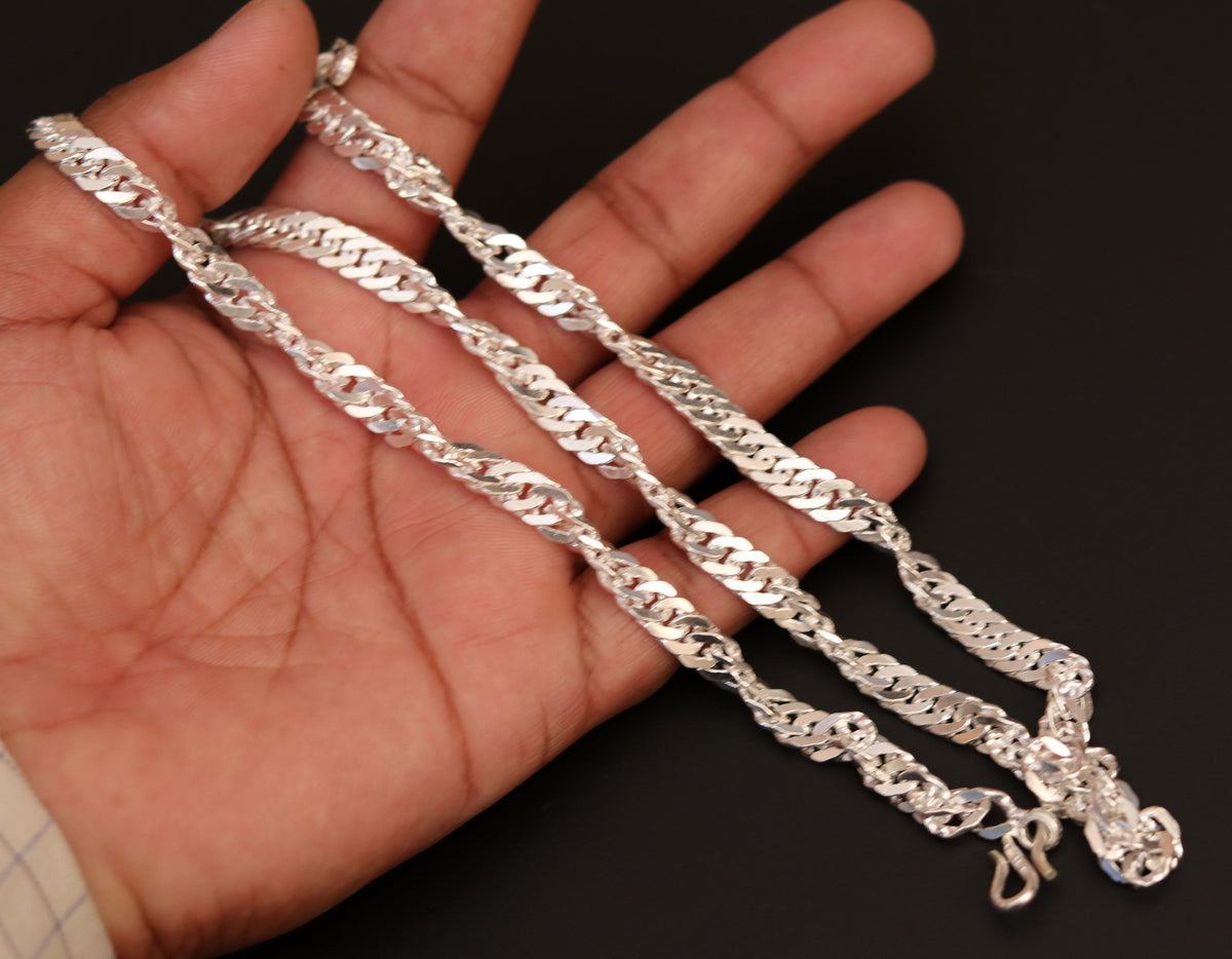 Sterling silver twisted design unisex long chain necklace by TRIBAL ORNAMENTS, 24-inch handcrafted stylish jewelry.