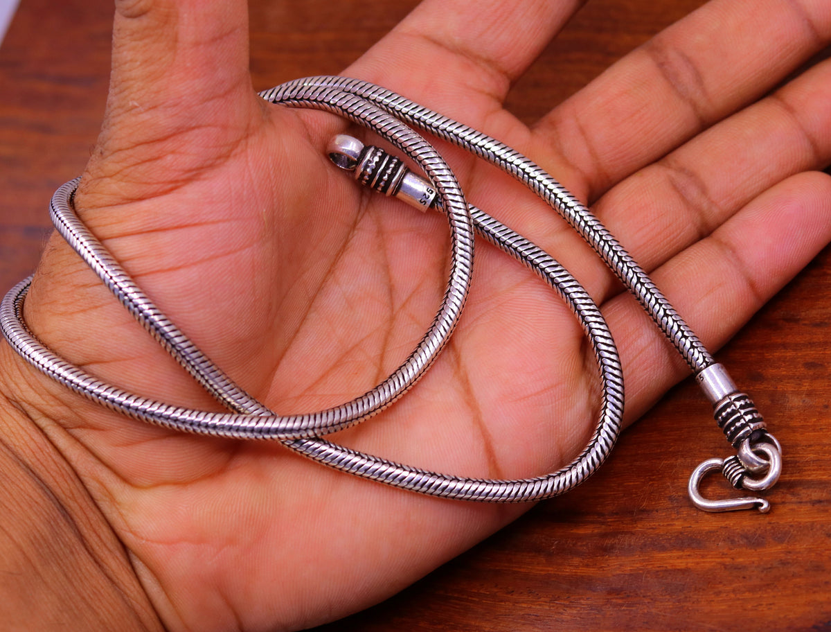 Vintage 18-inch 925 sterling silver snake chain necklace with tribal oxidized design and pendant, handmade tribal jewelry by TRIBAL ORNAMENTS.