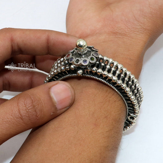 Vintage 925 sterling silver bangle cuff with intricate tribal design, handmade traditional Indian brides jewelry.