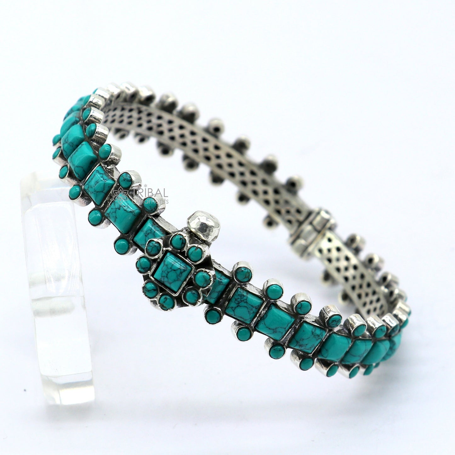 Sterling silver tribal bangle bracelet with turquoise stone, handmade jewelry perfect for wedding or gifting occasions.