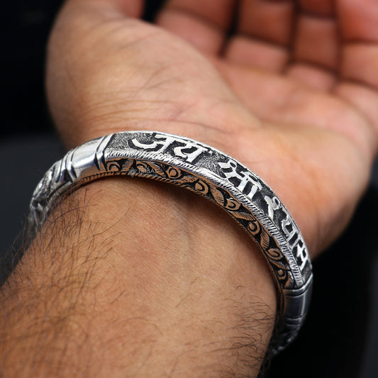 925 Sterling silver handmade Divine "jai Shree Shyam" Lord Krishna mantra bracelet kada best divine unisex tribal ethnic jewelry nsk709 - TRIBAL ORNAMENTS