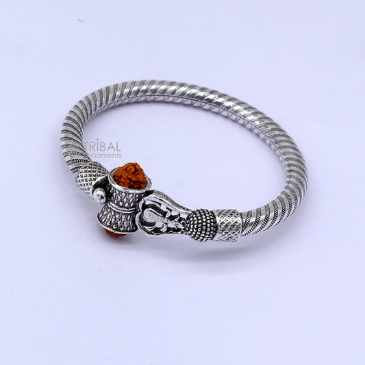 Handmade Sterling silver Lord Shiva Trident Kada Mahakal bracelet, Rudraksh bracelet, customized Babhubali bangle Kada Gifting jewelry nsk703 - TRIBAL ORNAMENTS