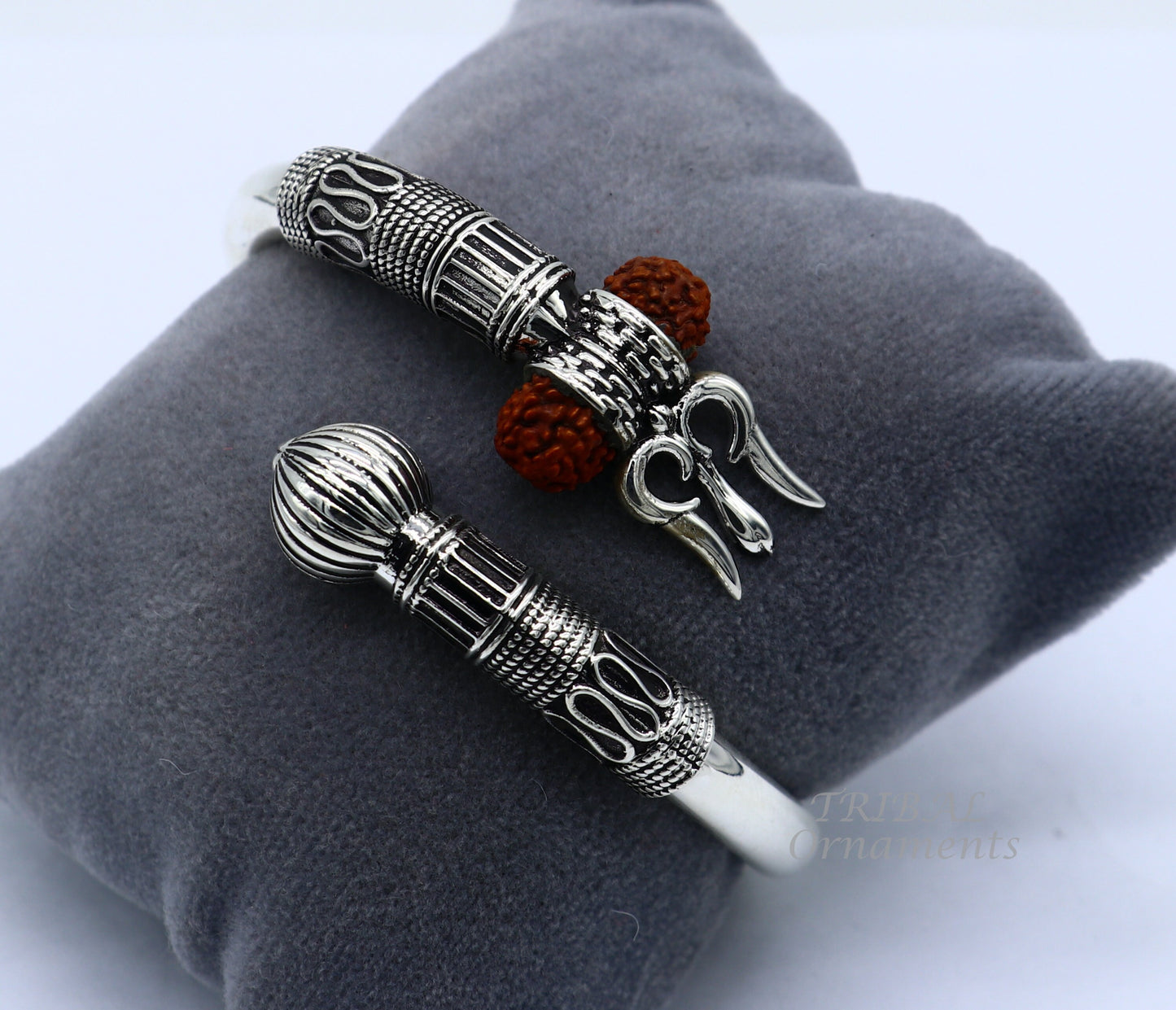 925 Sterling silver handmade plain shiny Lord Shiva trident trishul kada bangle bracelet with natural Rudraksha customized kada nsk516 - TRIBAL ORNAMENTS
