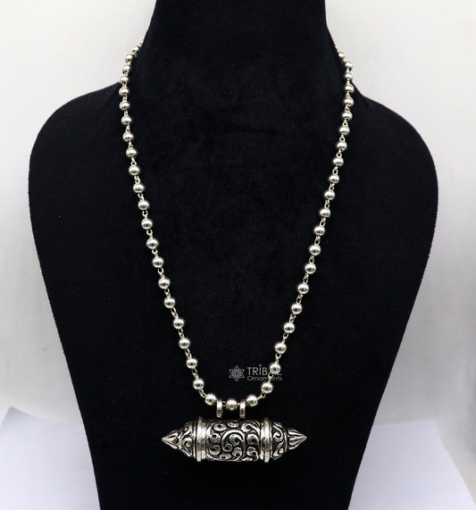 925 Sterling silver handmade Nakshai design pendant amulet mantra box pendant with beaded necklace tribal ethnic cultural jewelry set604 - TRIBAL ORNAMENTS