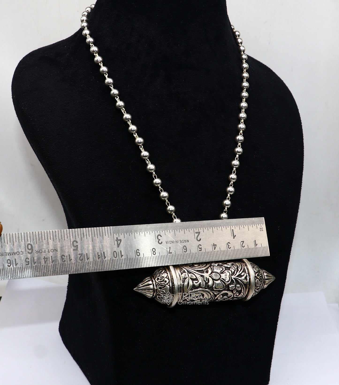 925 Sterling silver Nakshai design amulet pendant with mantra box and beaded necklace, tribal ethnic cultural jewelry set.