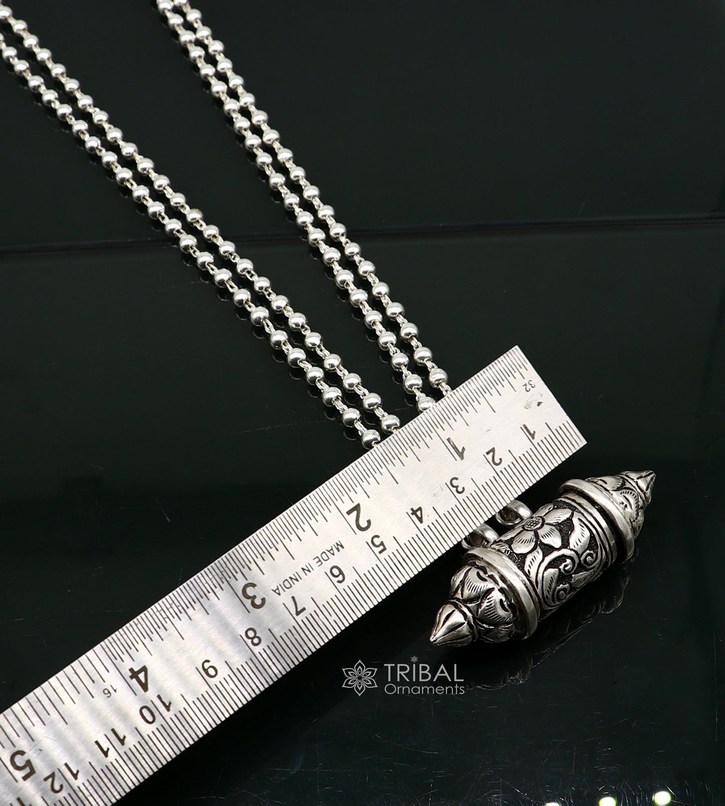 Sterling silver vintage tribal amulet box pendant with beaded necklace, tribal ethnic mantra jewelry set by TRIBAL ORNAMENTS.