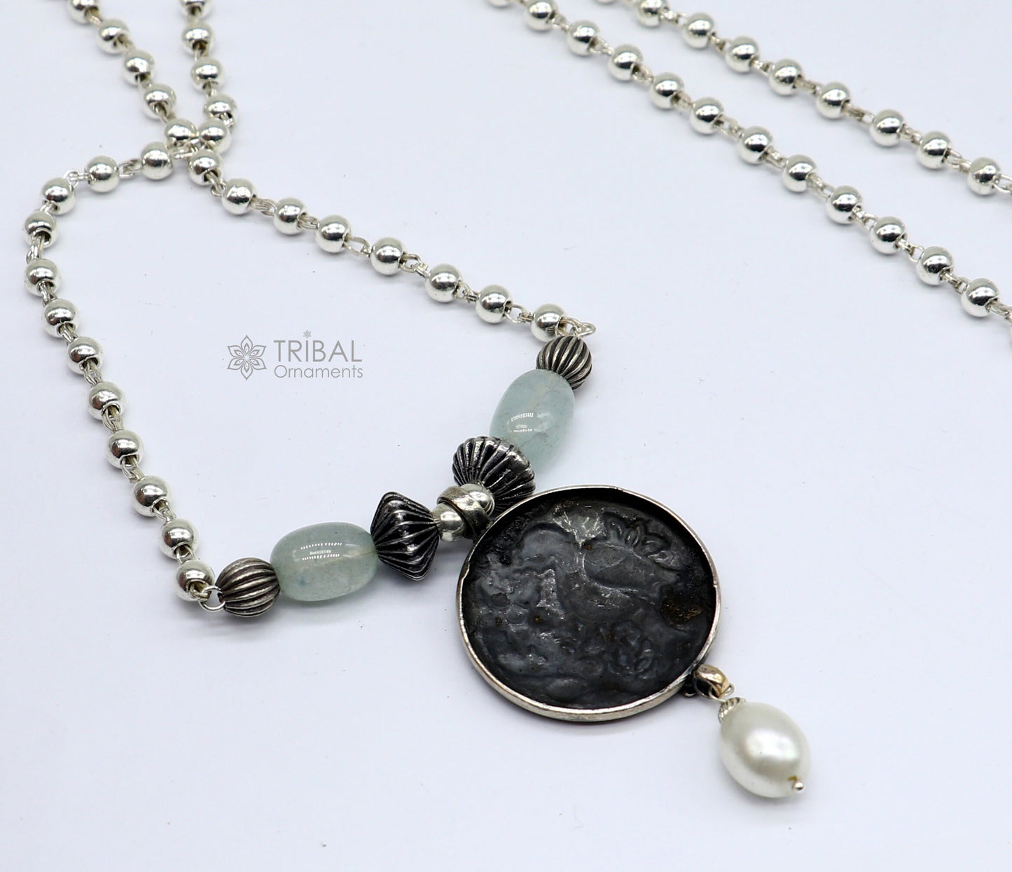 Sterling silver handmade vintage beaded chain necklace with peacock pendant and hanging drops, tribal ethnic long jewelry set.