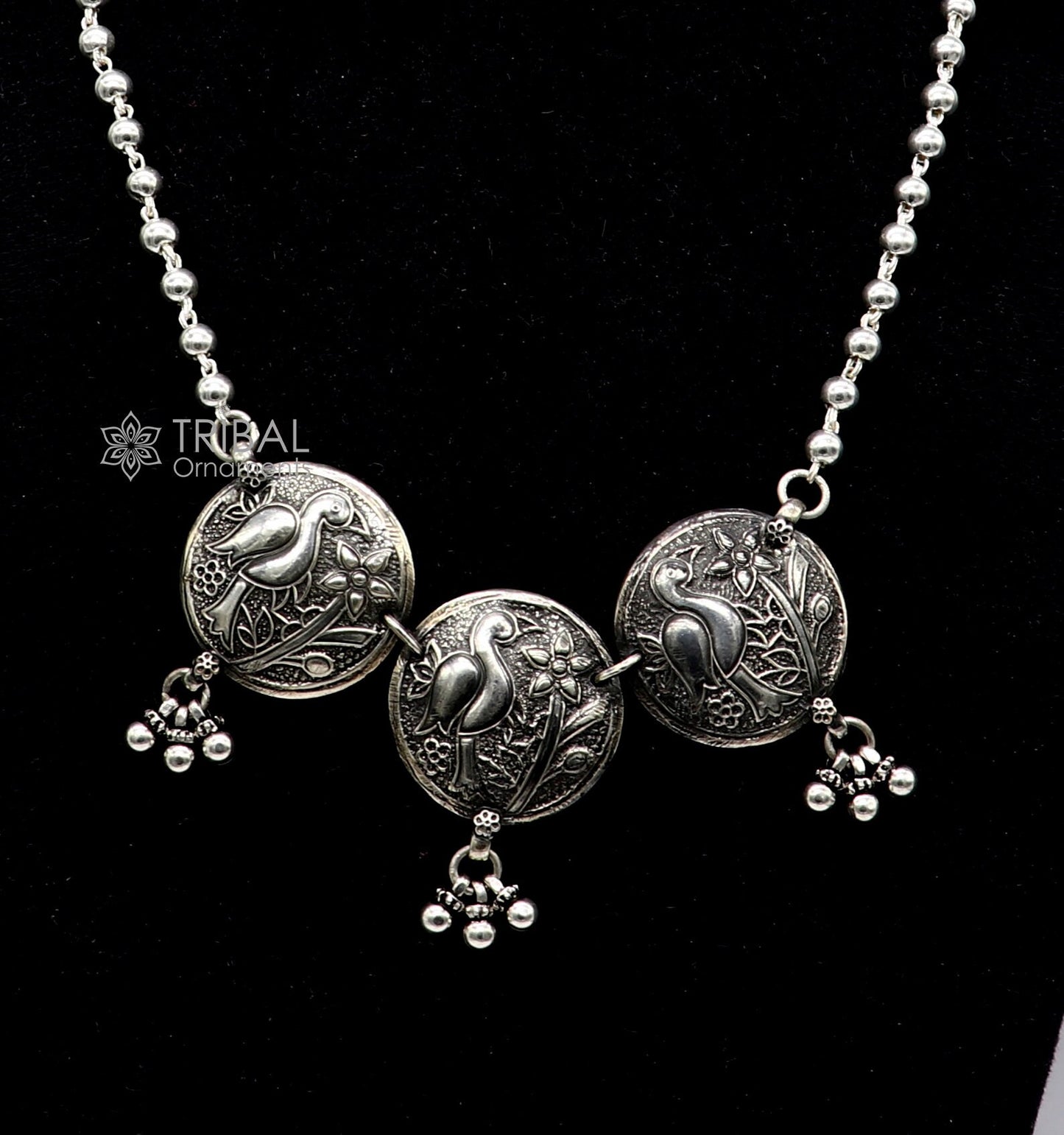 Sterling silver handmade vintage beaded chain necklace with peacock pendant and hanging drops, tribal ethnic jewelry set.