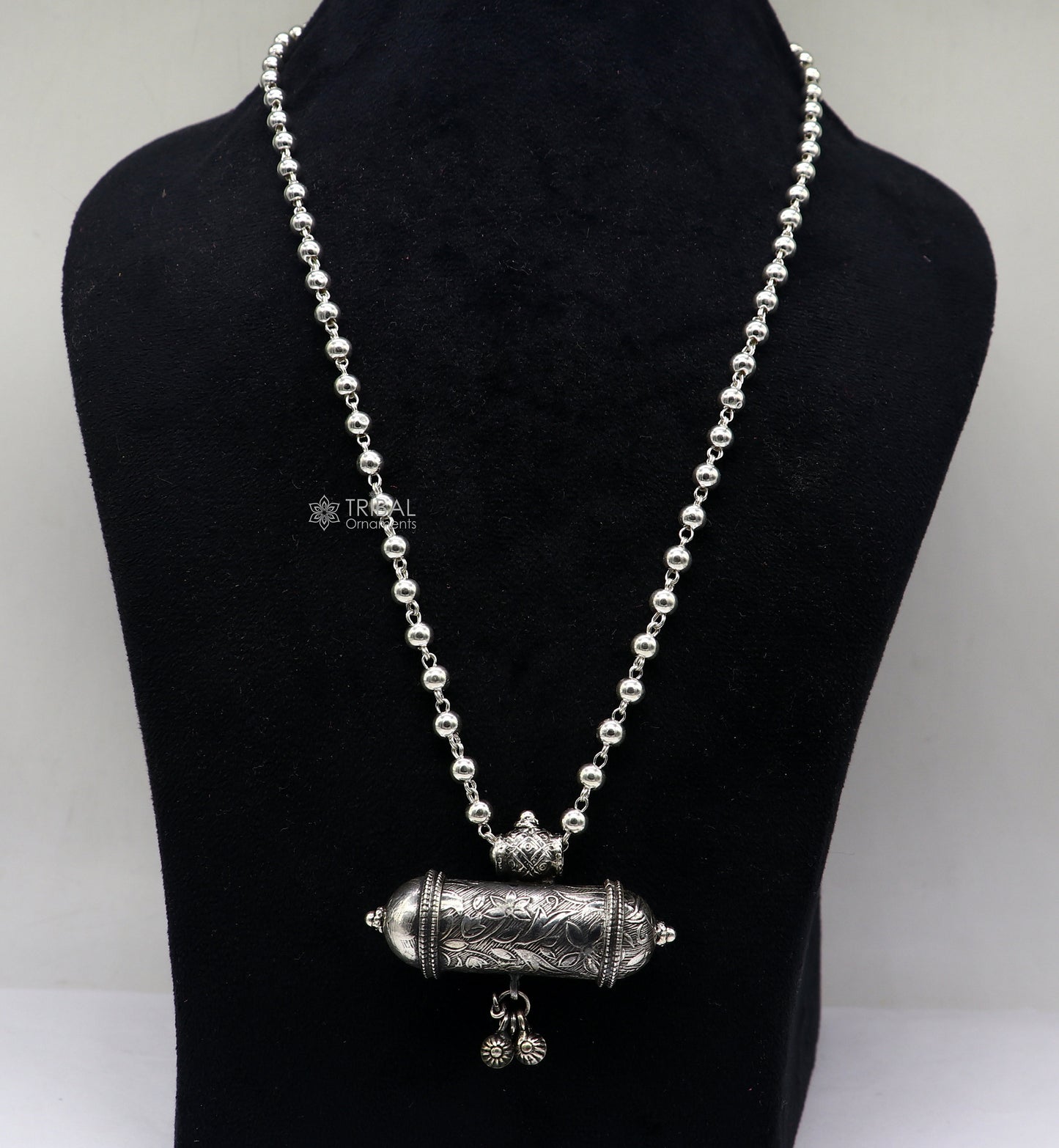 925 Sterling silver vintage tribal pendant necklace with hanging bells and ethnic design, part of TRIBAL ORNAMENTS jewelry set