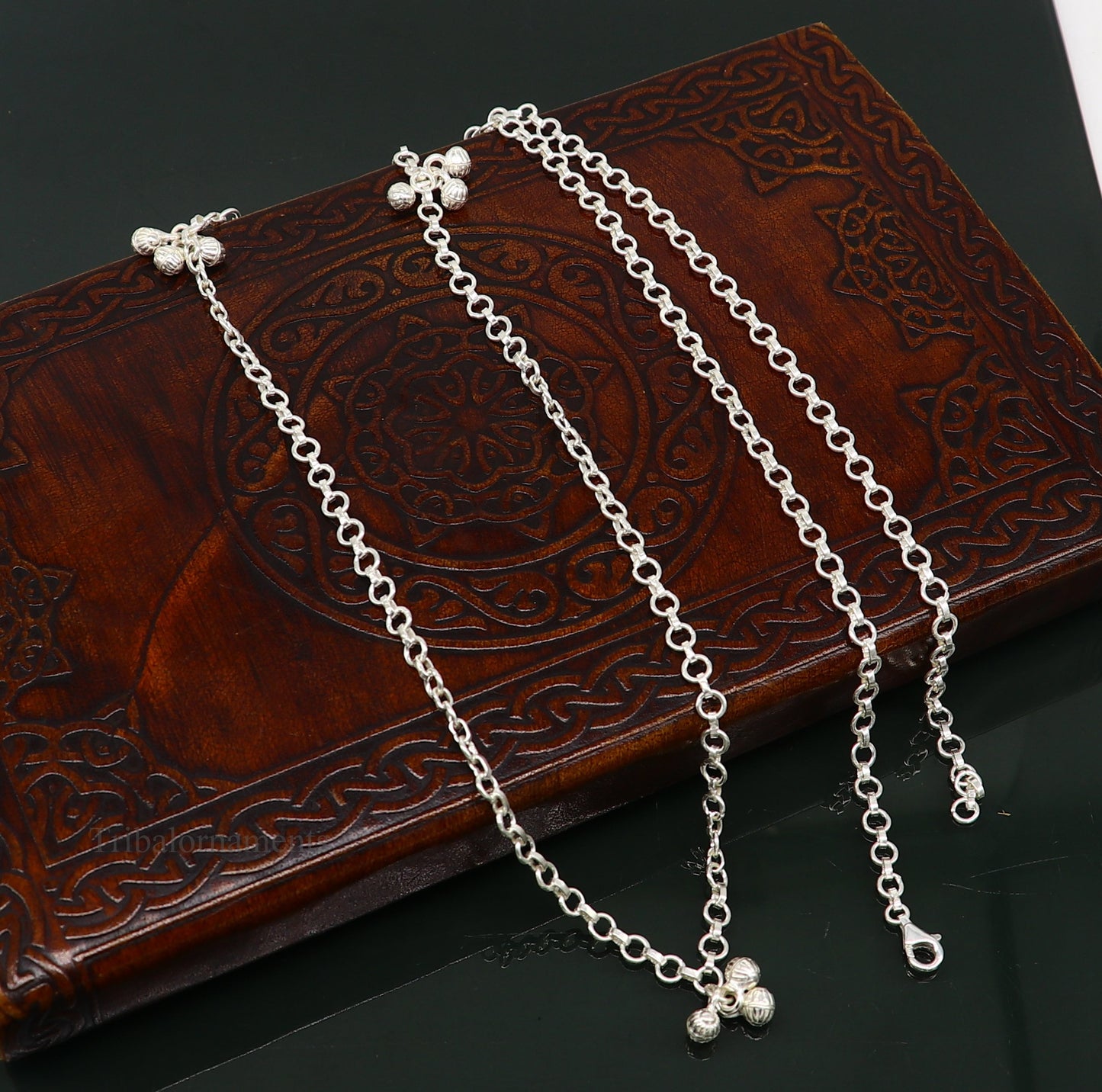 Sterling silver handmade link chain belly chain with tribal design, waist chain, and saree belt for dance and tribal jewelry.