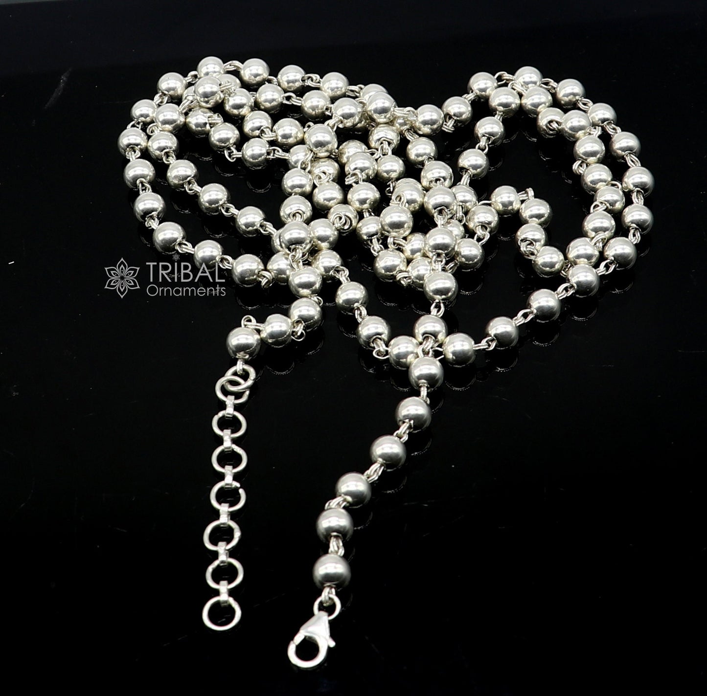 Sterling silver adjustable beaded belly chain with plain 6mm beads, suitable for waist, saree, or belly dance accessories.