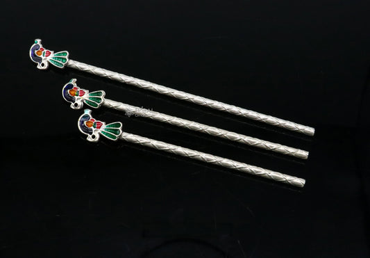 3.5"/4"/5" Flute divine 925 sterling silver handmade peacock design idol Krishna flute, silver bansuri, laddu Gopala flute su1197 - TRIBAL ORNAMENTS