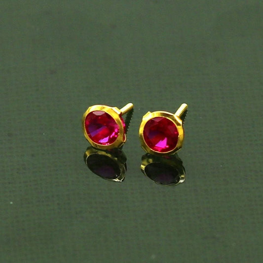4mm 18k yellow gold handmade fabulous red cubic zircon stone excellent antique vintage design stud earrings pair unisex jewelry er114 - TRIBAL ORNAMENTS
