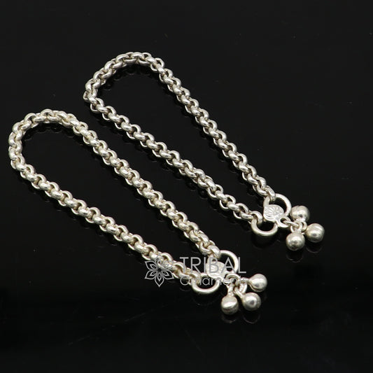 Pair of sterling silver rolo chain anklets for kids and women, featuring sparkling, delicate silver jewelry from TRIBAL ORNAMENTS.