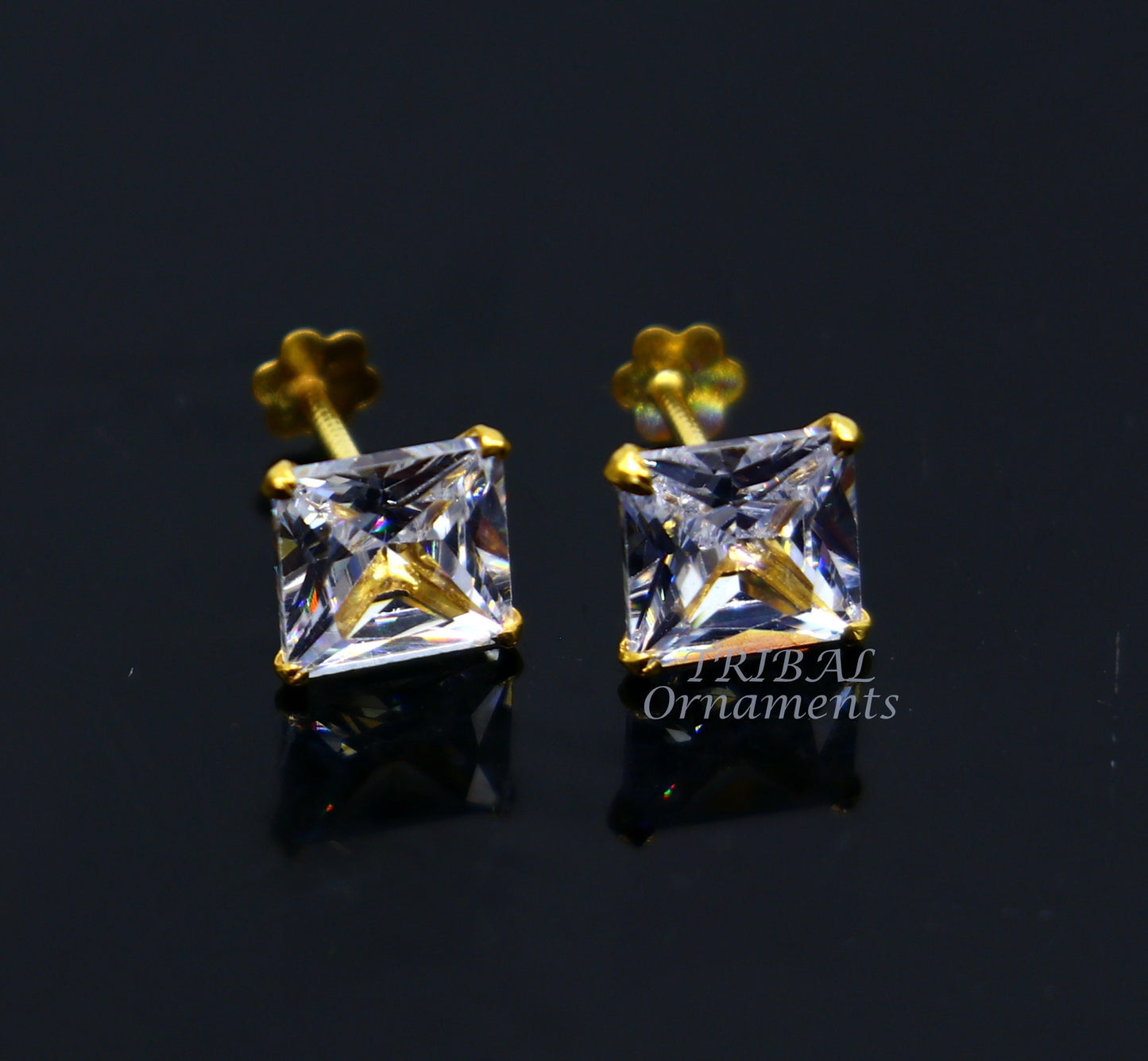 6mm OR 5 mm 18kt yellow gold handmade single cubic zircon stone square shape stud earring cartilage customized unisex jewelry er143 - TRIBAL ORNAMENTS