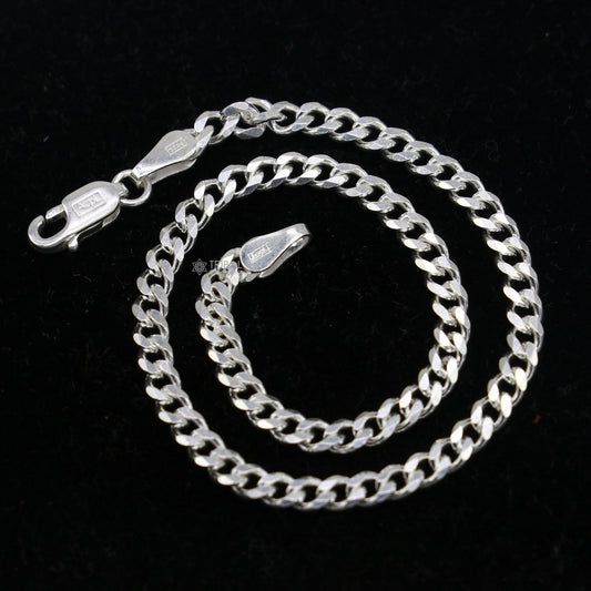 Sterling silver 3mm flat chain bracelet, unisex jewelry by Tribal Ornaments, showcasing a flexible, sleek design.