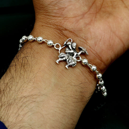 925 Sterling silver Hanuman beaded bracelet rakhi with personalized design, crafted by TRIBAL ORNAMENTS, 6.5 inches long.
