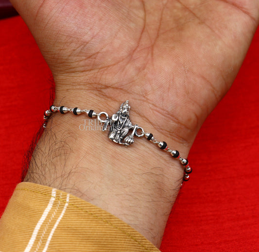 925 Sterling silver Hanuman beaded bracelet with black tulsi beads, personalized design, handcrafted tribal ornaments rakhi.