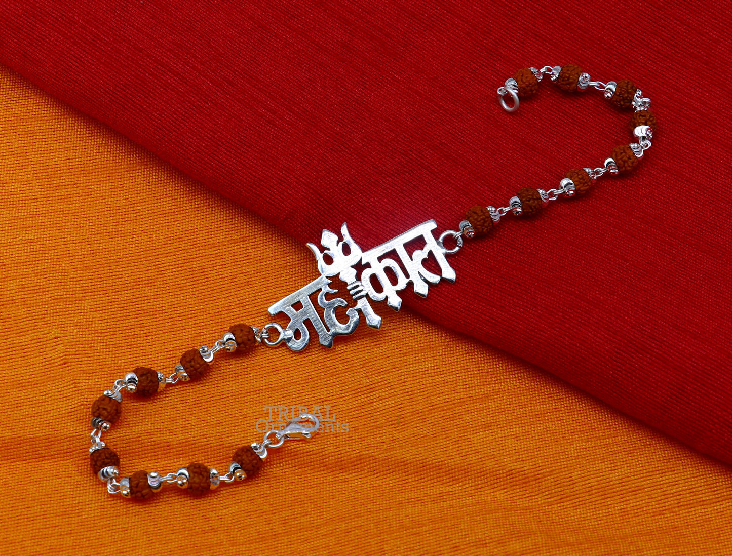 Sterling silver Lord Shiva Mahakal design Rudraksha bracelet with beads, handcrafted by Tribal Ornaments.
