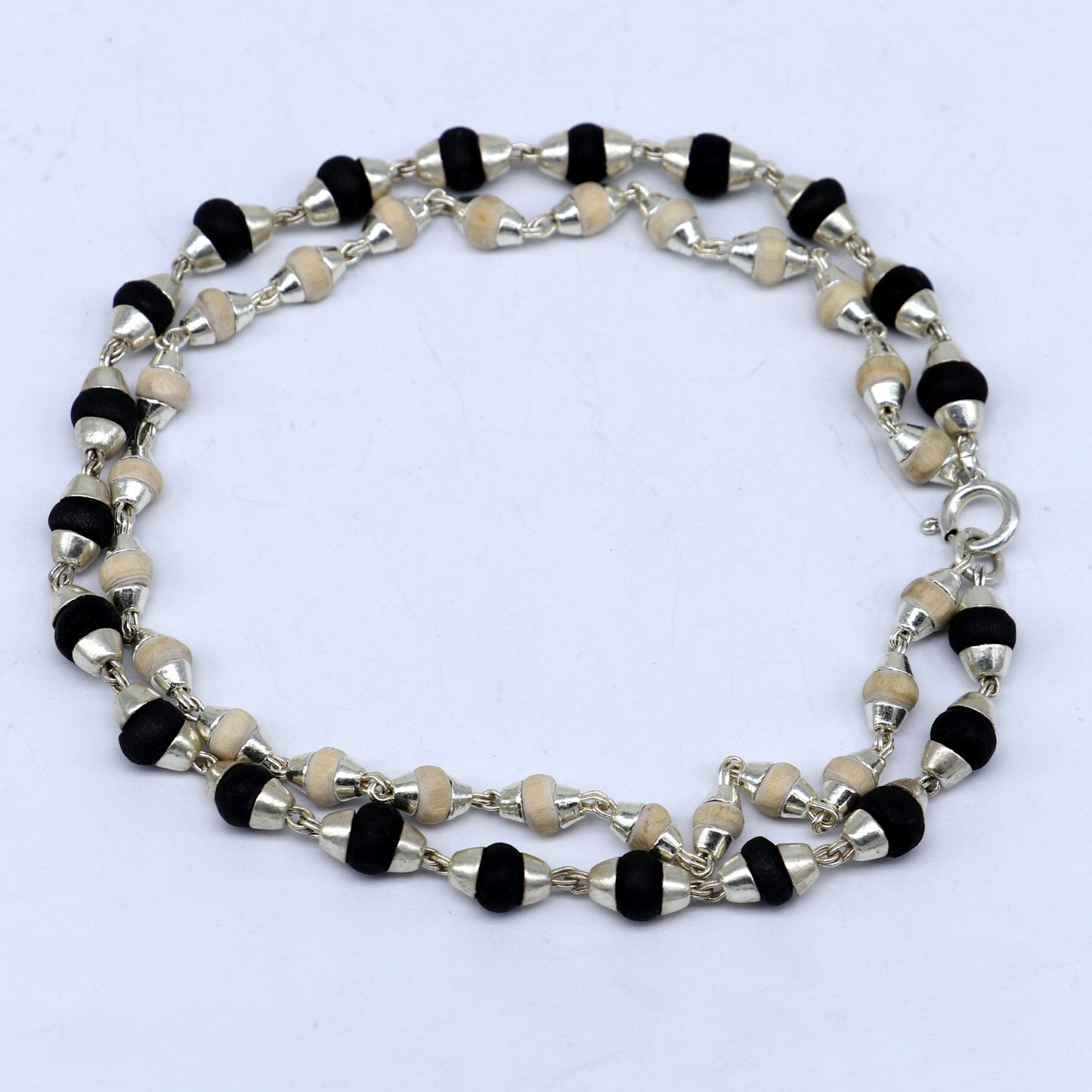 Black and white holy basil rosary plant /tulsi plant wood beaded Sterling silver handmade fabulous 2 line bracelet jewelry India sbr264 - TRIBAL ORNAMENTS