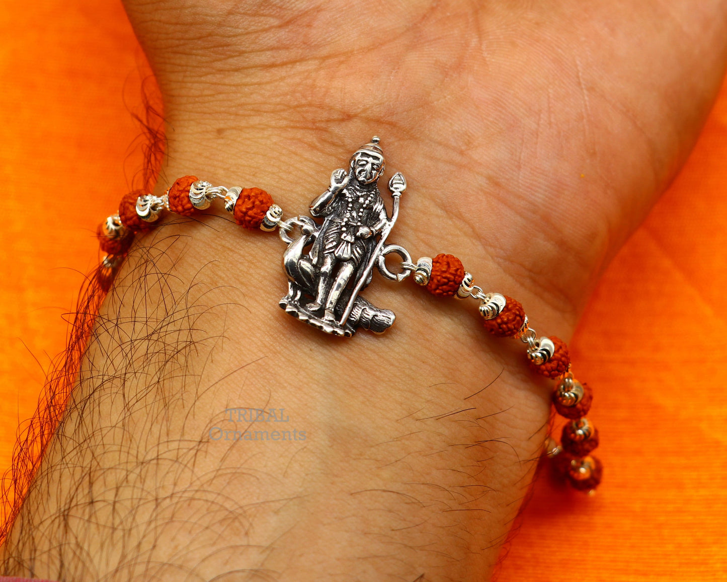925 sterling silver Kartikeya design bracelet with divine lord motif, vintage Rudraksh beads, elegant jewelry by Tribal Ornaments