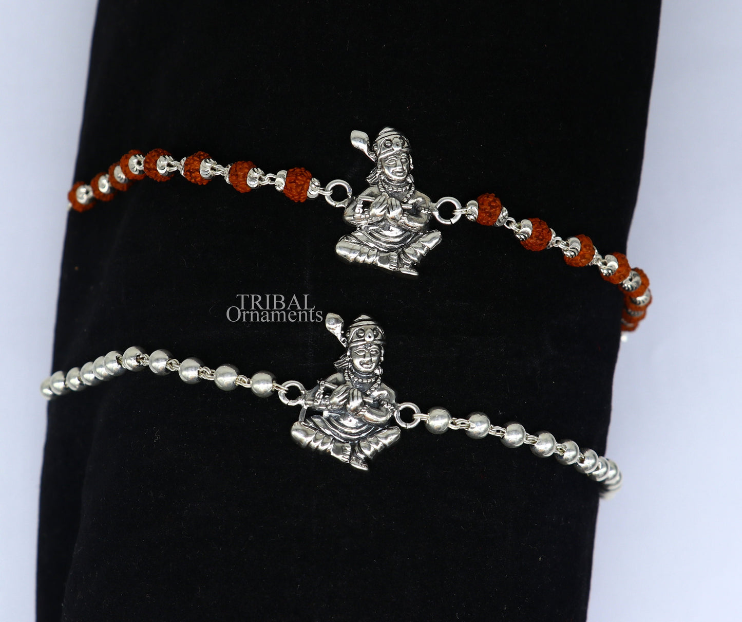 925 Sterling silver Lord Krishna Rudraksha beads bracelet Rakhi with intricate design, crafted by Tribal Ornaments.