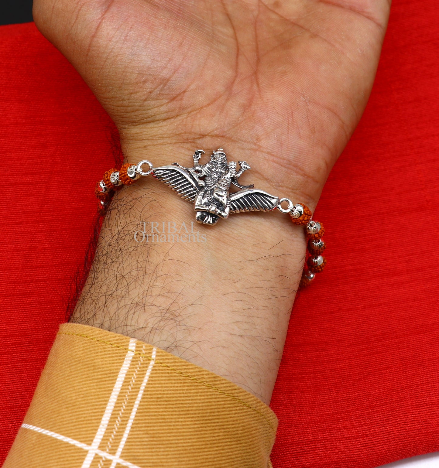 925 Sterling silver Lord Vishnu bracelet with Garuda, Rudraksha beads, and silver beads, featuring intricate tribal ornament design.
