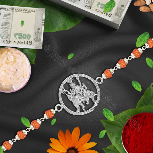 925 sterling silver handmade Goddess Durga /Bhawani Maa Rakhi bracelet amazing Rudraksha or Tulsi beaded bracelet, delicate jewelry rk251 - TRIBAL ORNAMENTS