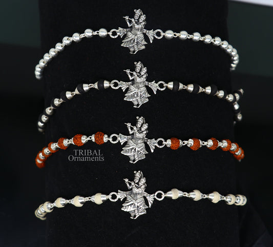 Handmade 925 sterling silver Lord Radha Krishna Rudraksha and Tulsi beads Rakhi bracelet from Tribal Ornaments.