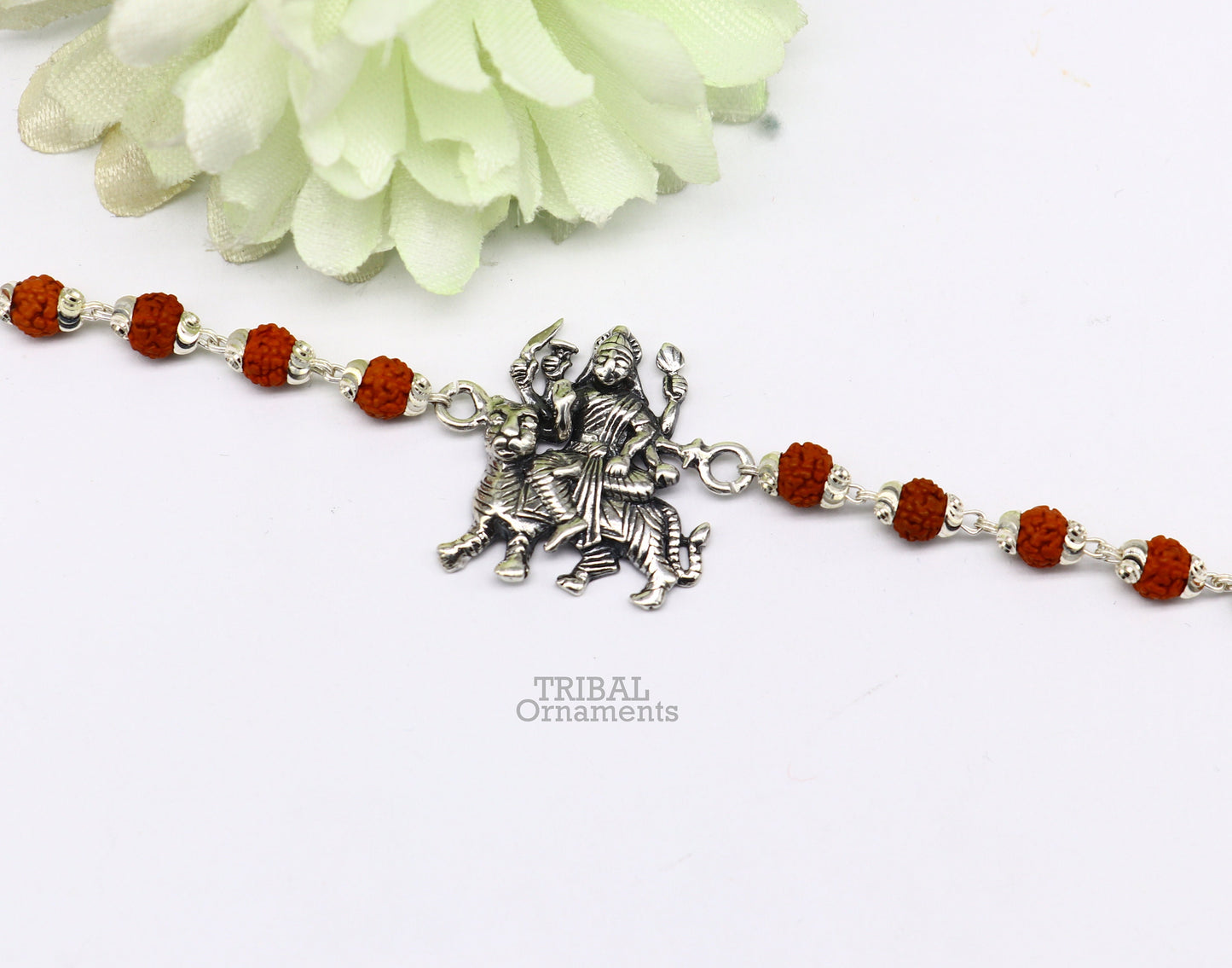 925 Sterling silver Rudraksha beads bracelet featuring divine Bhawani Mataji pendant, crafted by TRIBAL ORNAMENTS.