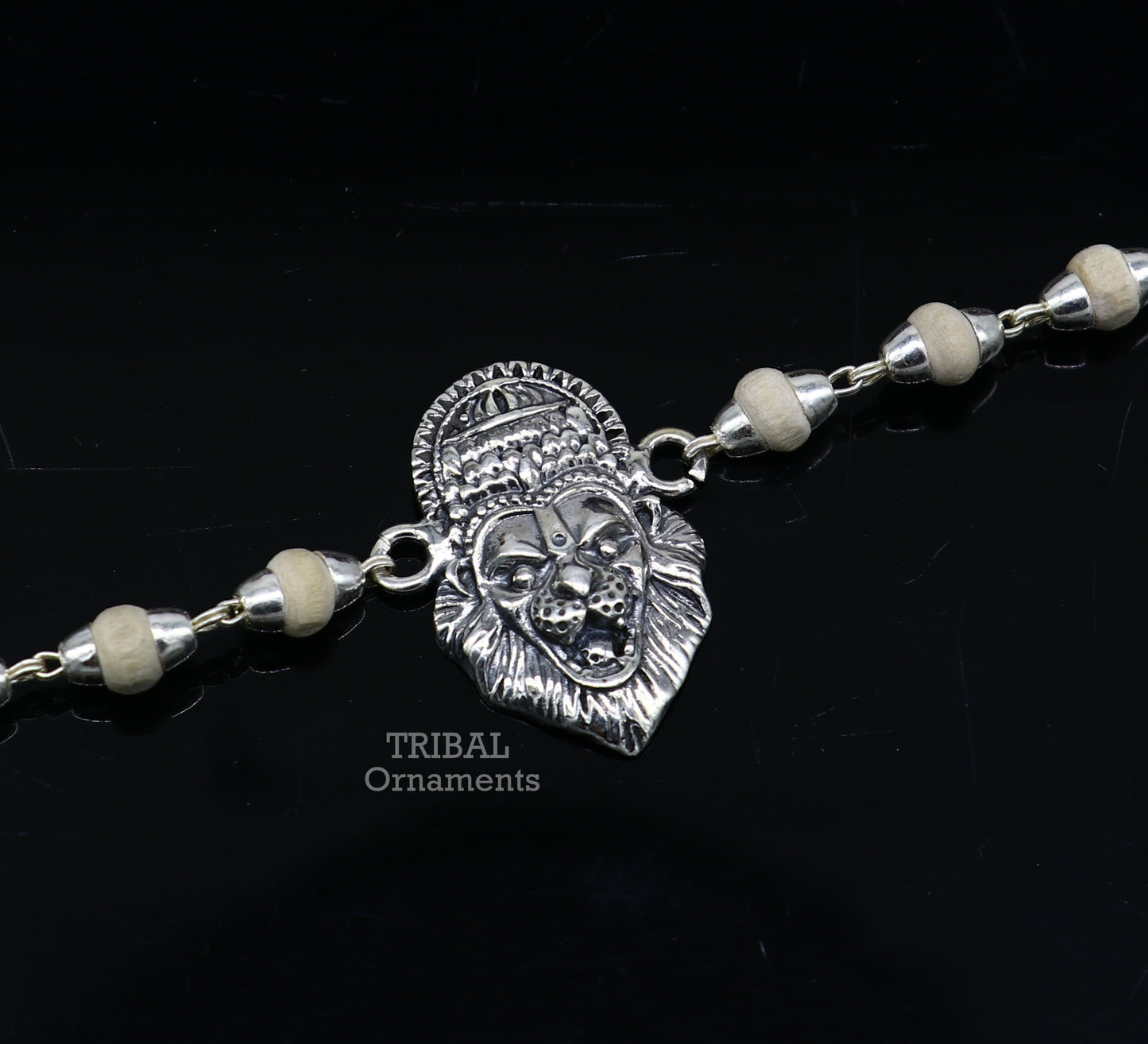 925 sterling silver Lord Narsimha design Tulsi beaded bracelet with divine Narsimha motifs, handmade tribal jewelry for daily wear