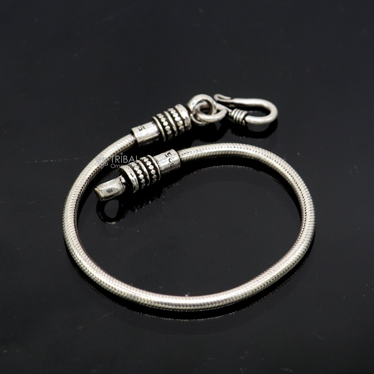 Sterling silver snake chain bracelet by Tribal Ornaments, flexible 3mm unisex jewelry, handmade in Rajasthan, India.