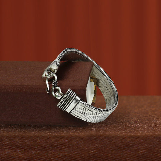 Tribal Ornaments 13mm 925 sterling silver flat belt chain bracelet for men, handmade trendy jewelry with snake design, 7.5 inches long.