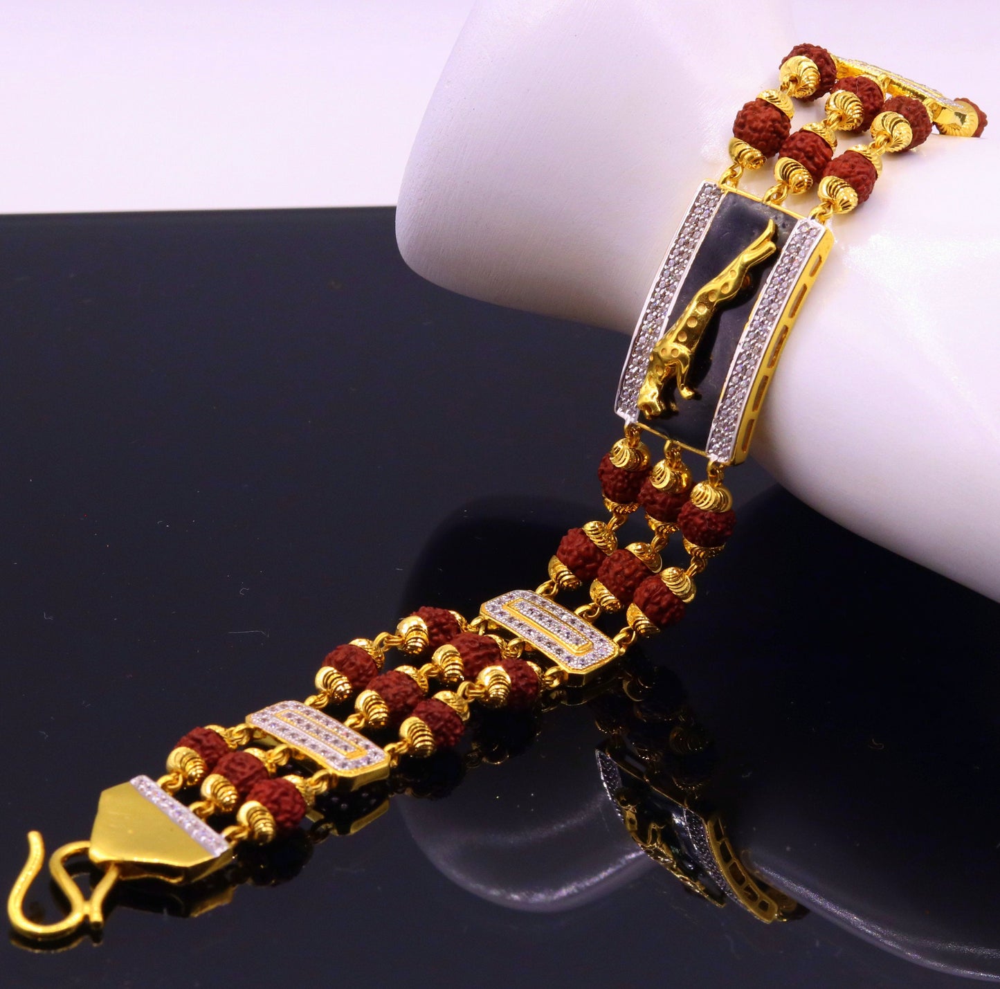 Genuine 22k yellow gold handmade top class natural rudraksha beads bracelet with fabulous tiger design men's jewelry - TRIBAL ORNAMENTS