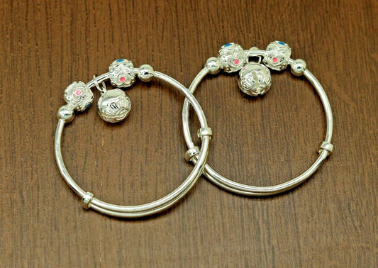 925 sterling silver adjustable charm bangle bracelet kada unisex kids baby bbk30 - TRIBAL ORNAMENTS