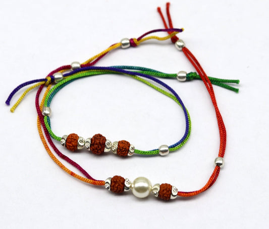 925 sterling silver custom design combo 2-piece bracelet with Rudraksha beads by TRIBAL ORNAMENTS, featuring thread design and intricate details.